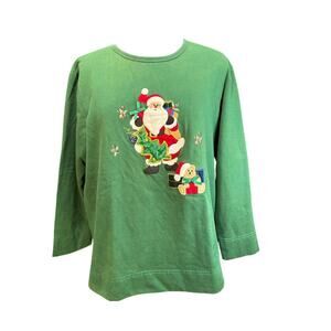 Vintage Bobbie Brooks Green Santa Holiday Crewneck Sweatshirt Women's Sz L